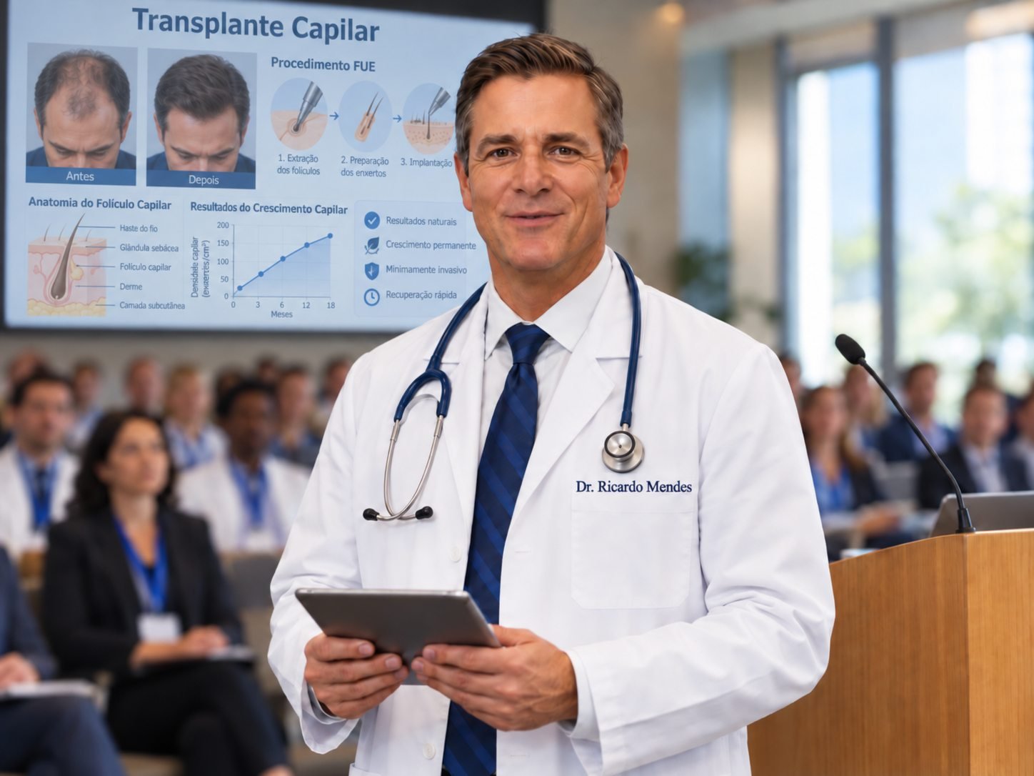 Dr. Ricardo Mendes em palestra sobre transplante capilar